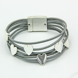 Leather heart bracelet with silver hearts and magnetic clasp