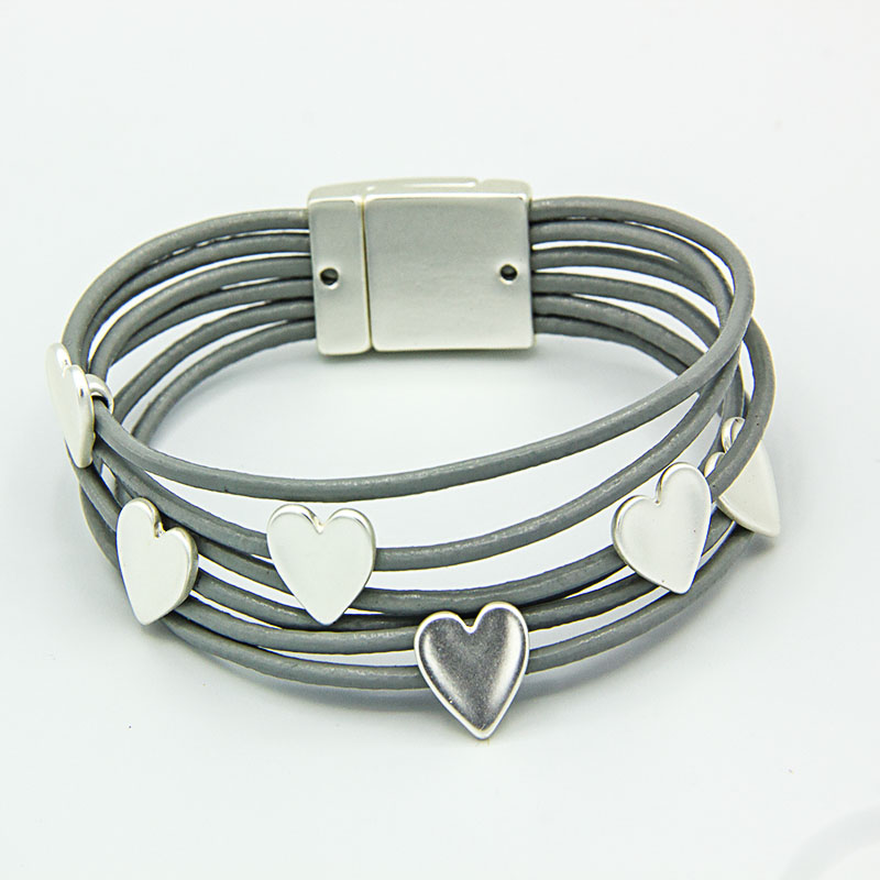 Leather Rope Style bracelet with silver hearts and magnetic clasp