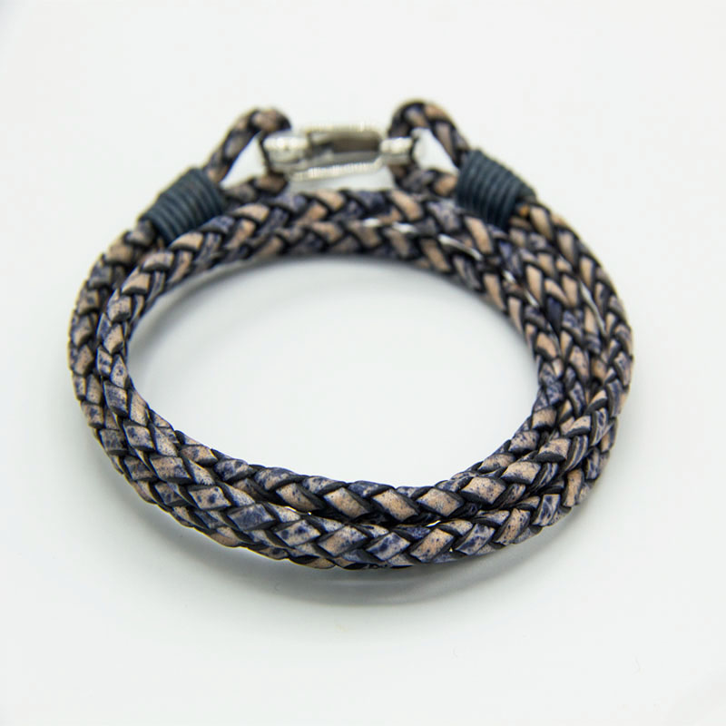 Denim coloured 2-strand double wrap leather bracelet with shrimp clasp