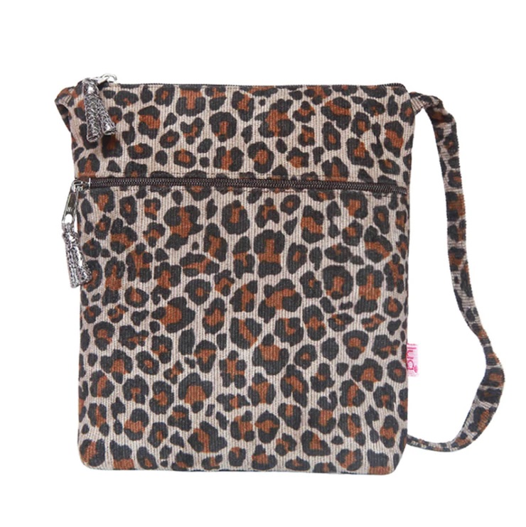 cross body zipped purse in leopard print corduroy